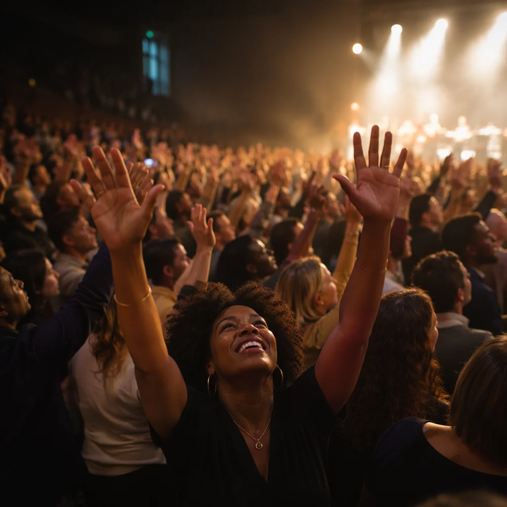 Energetic Crowd Raising Hands in Hall
