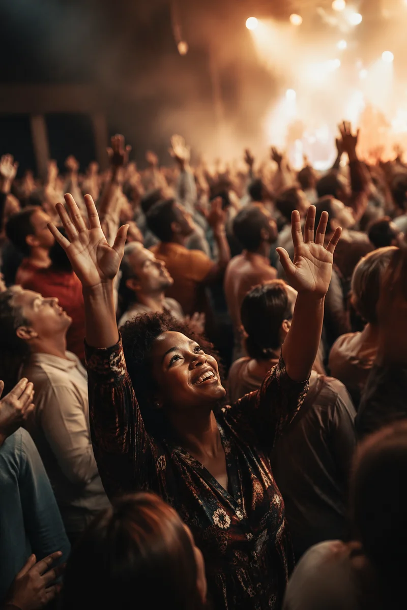 Joyful Crowd Raising Hands in Hall