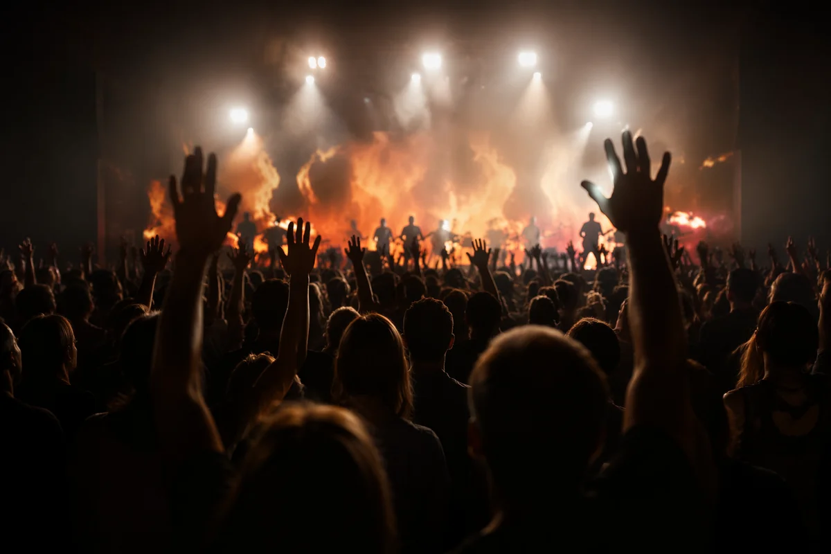 Silhouetted Crowd Facing Bright Lit Stage
