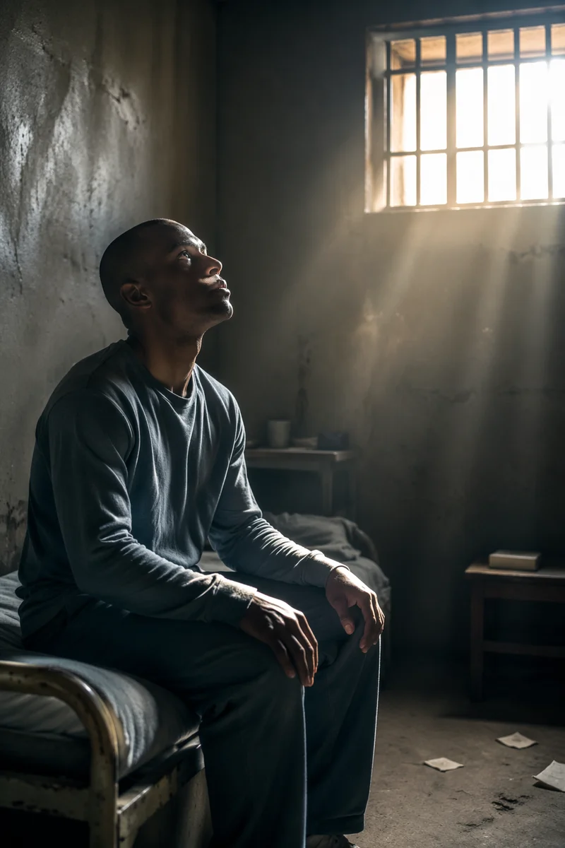 Hopeful Man in Prison Cell Light