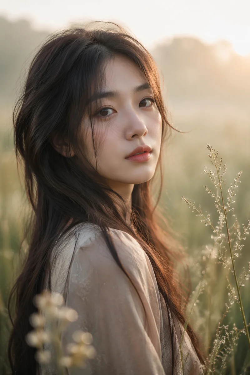 Serene Young Woman in Meadow Sunrise