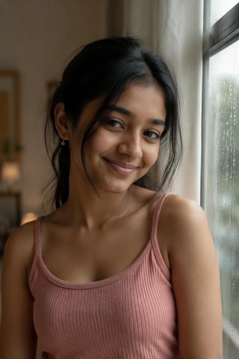Shy Smiling Teenage Girl by Window