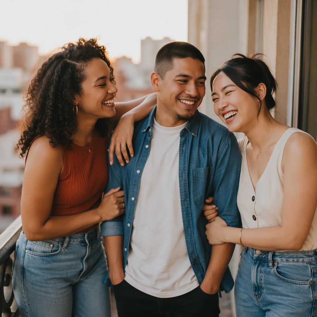 Three Adult Siblings Laughing on Balcony