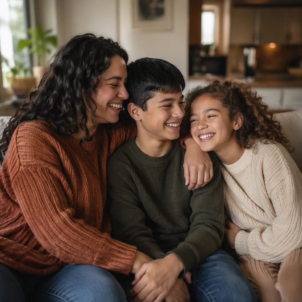 Three Siblings Laughing on Apartment Sofa