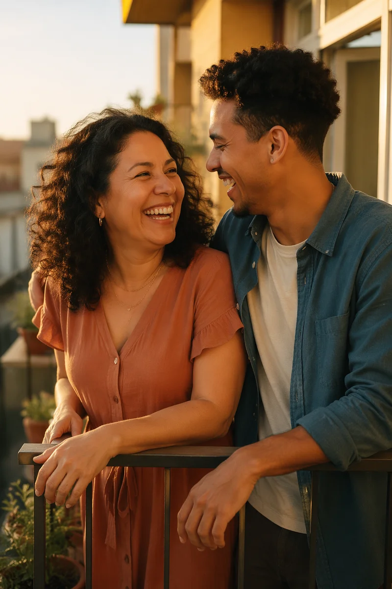 Laughing Adult Siblings on Sunlit Balcony
