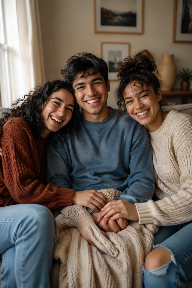 Three Siblings Laughing on Living Room Sofa