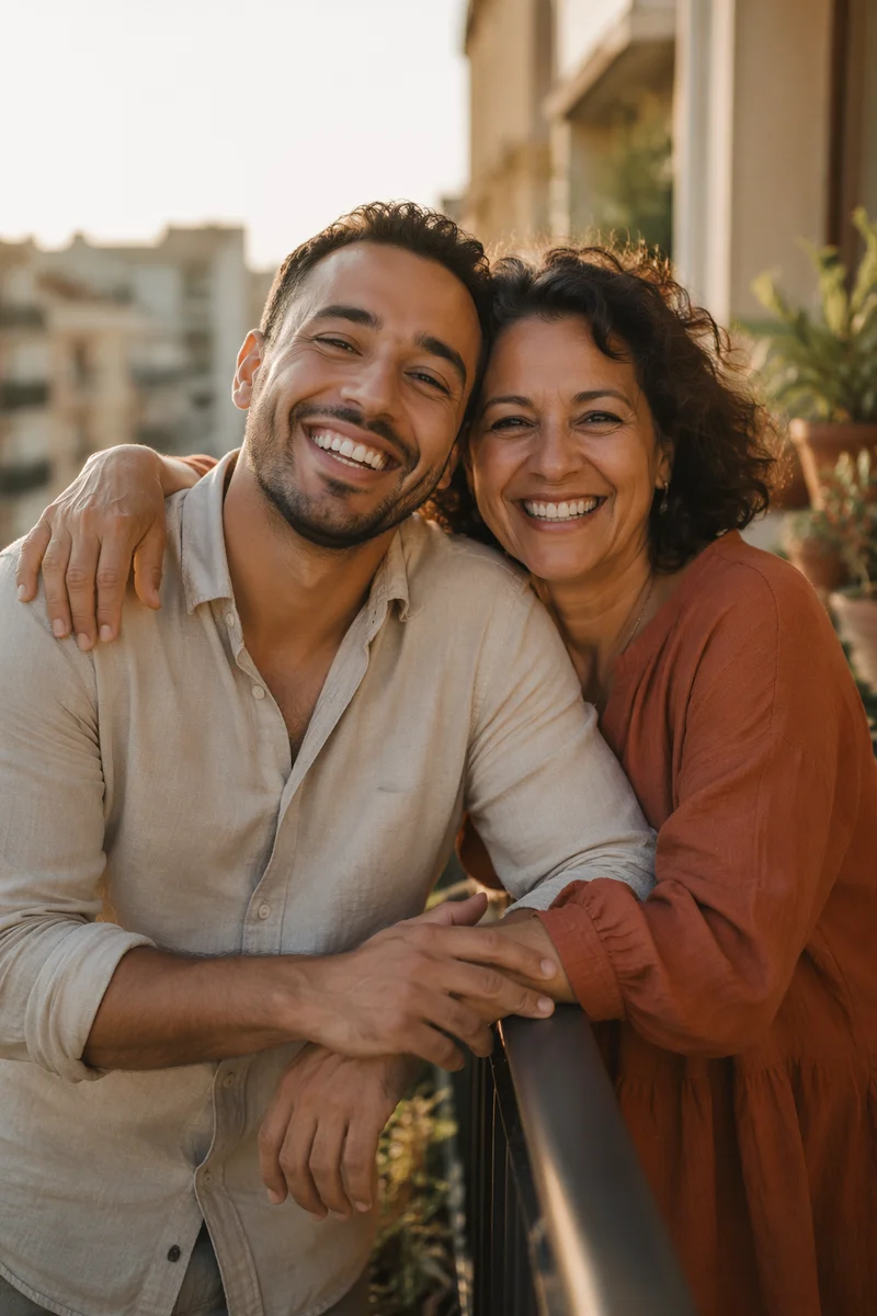 Laughing Adult Siblings on Sunlit Balcony