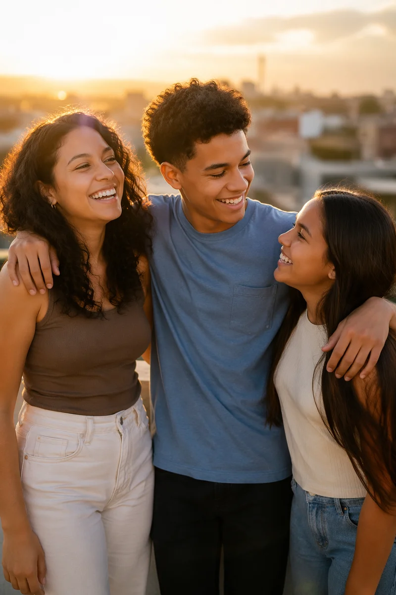 Three Siblings Laughing on Rooftop Together