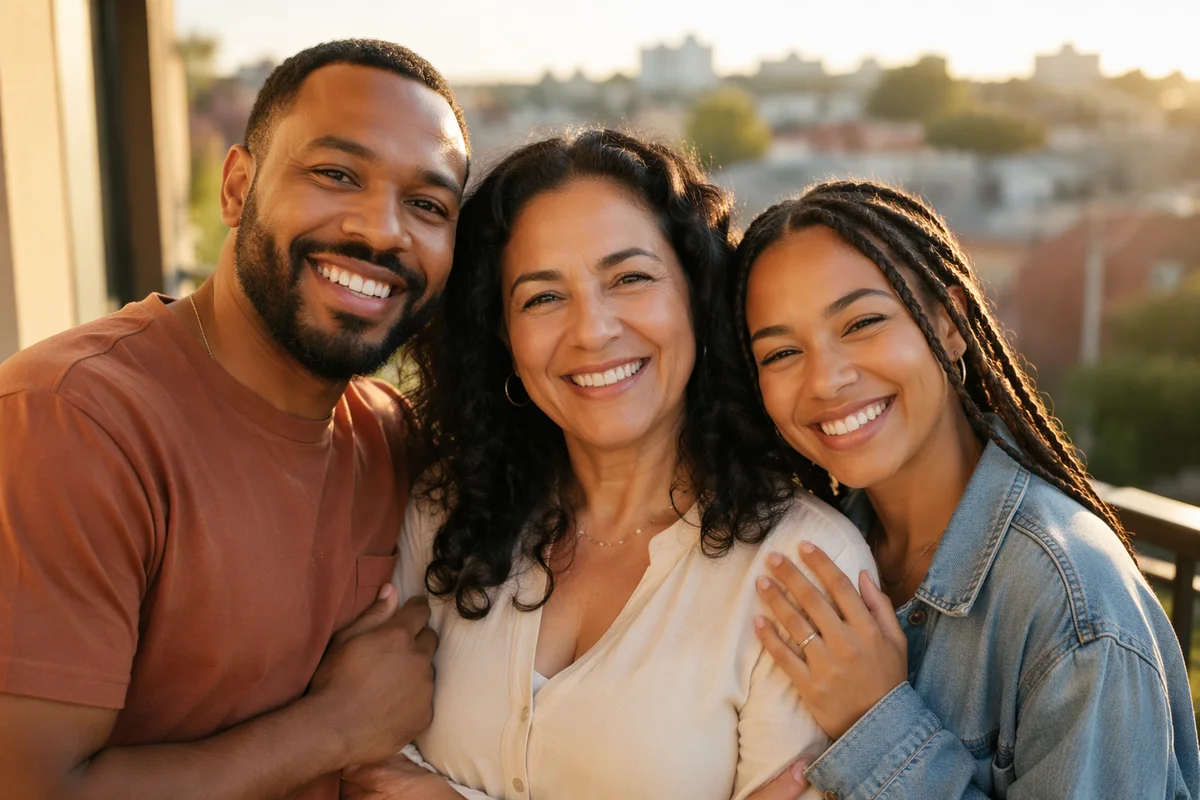 Three Adult Siblings Laughing on Balcony