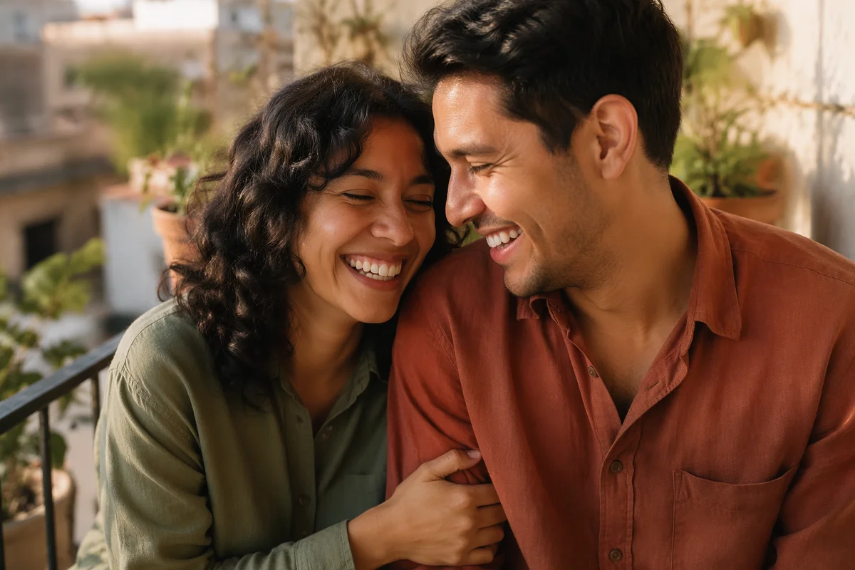 Laughing Adult Siblings on Sunlit Balcony