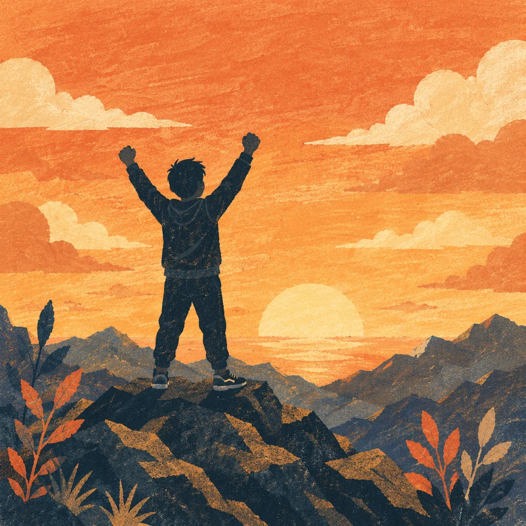 Triumphant Silhouette on Mountain at Sunset