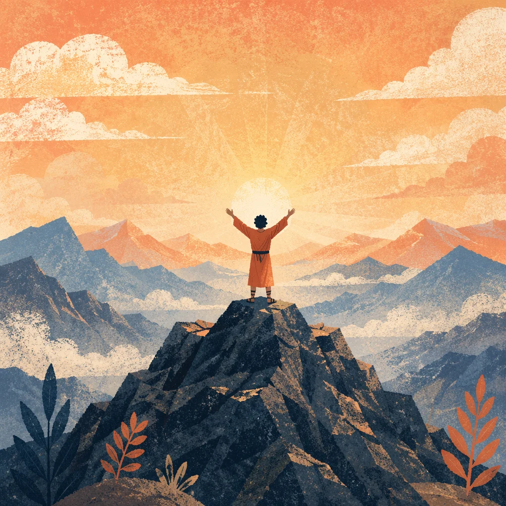 Silhouette Victory on Mountain Summit Sunrise