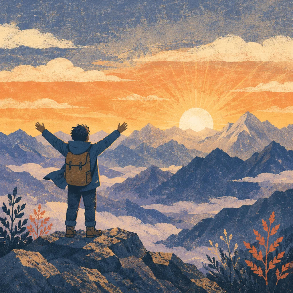 Silhouette Victory on Mountain Summit Sunrise