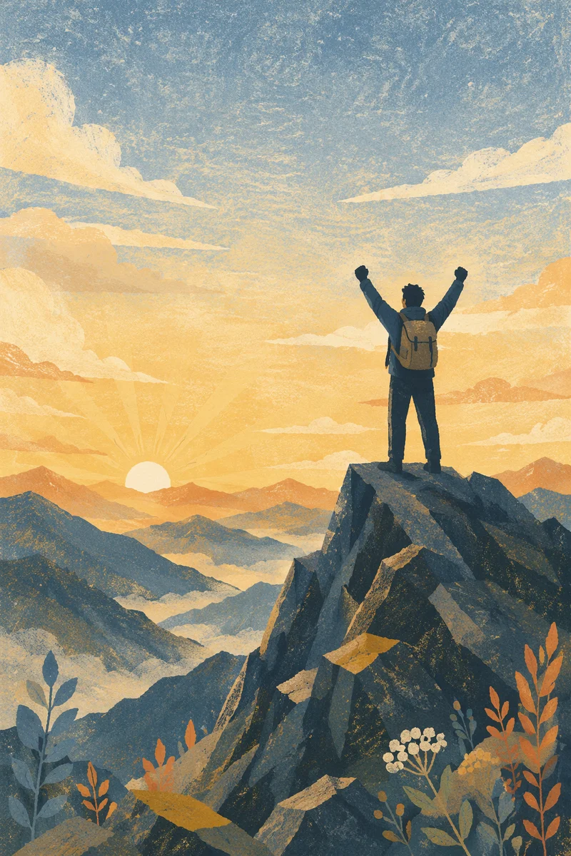Silhouette Hiker Raising Arms on Summit