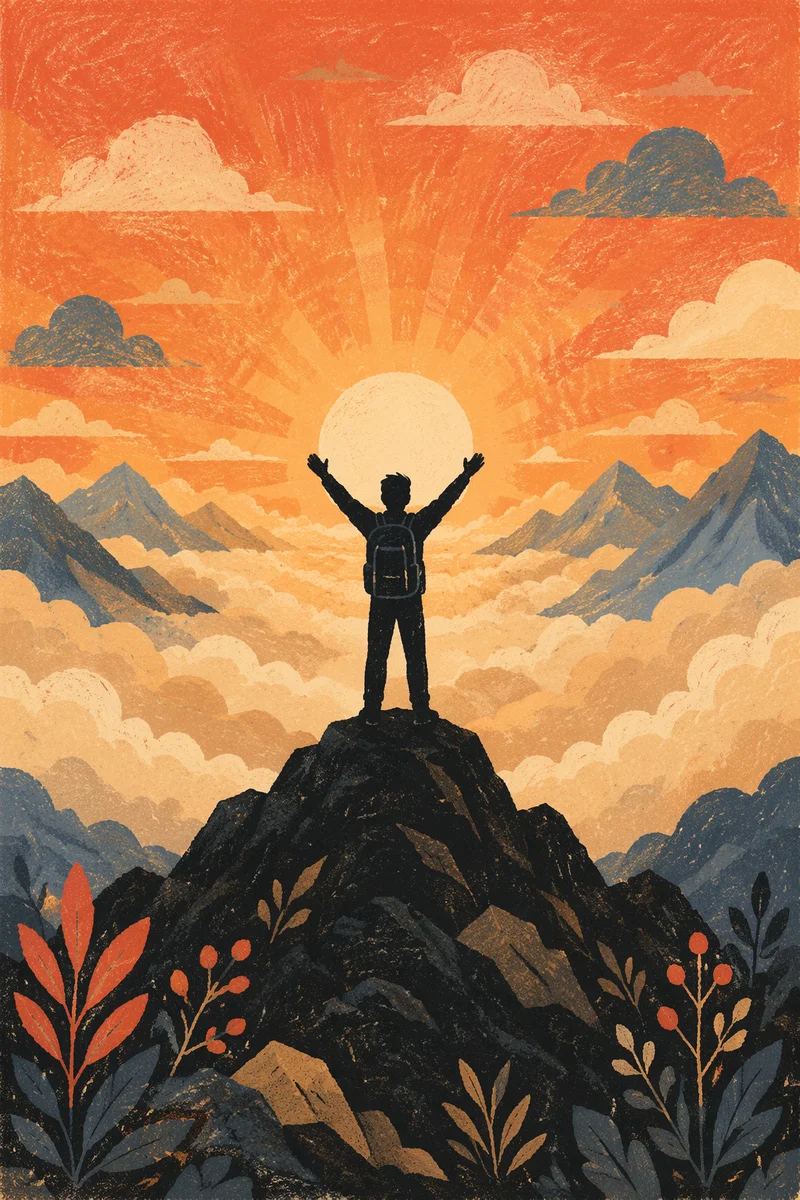 Triumphant Silhouette on Mountain Summit