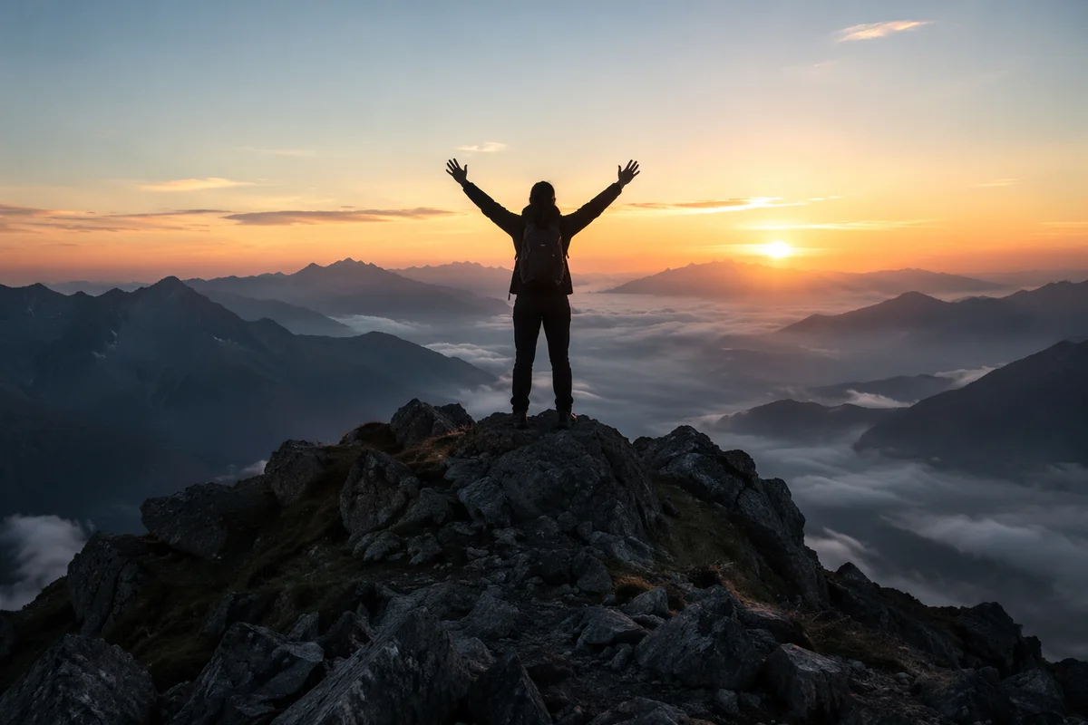 Silhouette Hiker on Mountain Summit at Dawn
