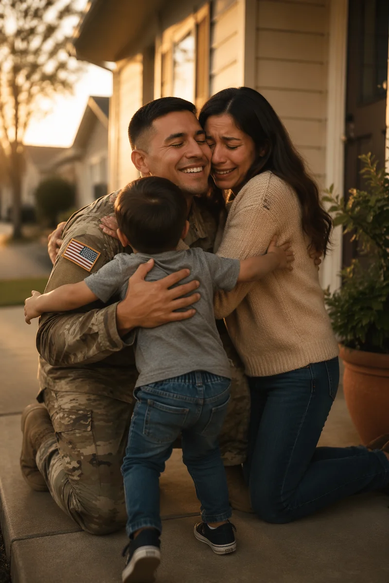 Soldier Reuniting With Family on Porch