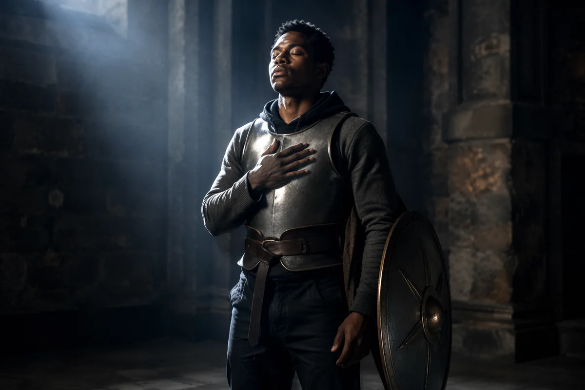 Contemplative Man with Symbolic Armor in Light