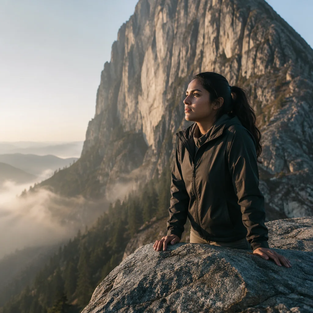 Solitary Hiker on Mountain Rock Ledge