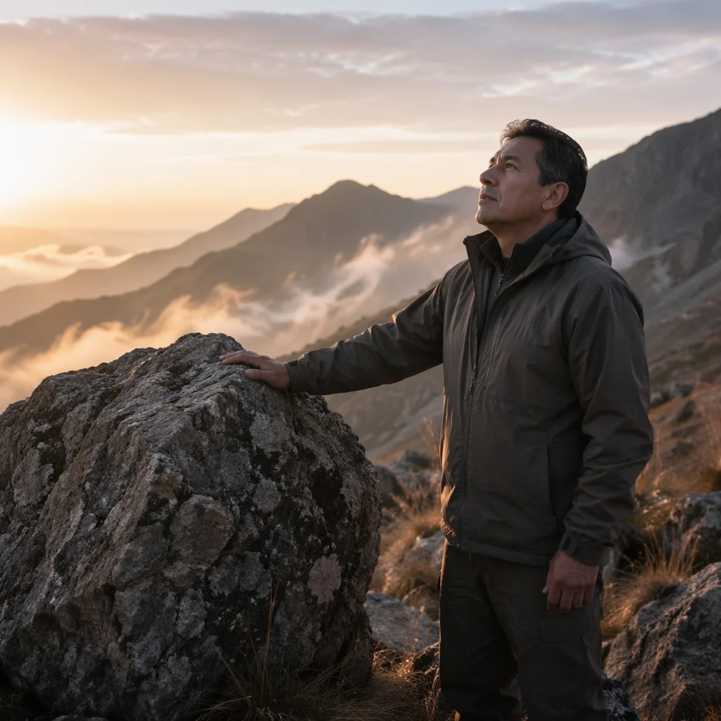 Man Beside Rock on Mountain Dawn