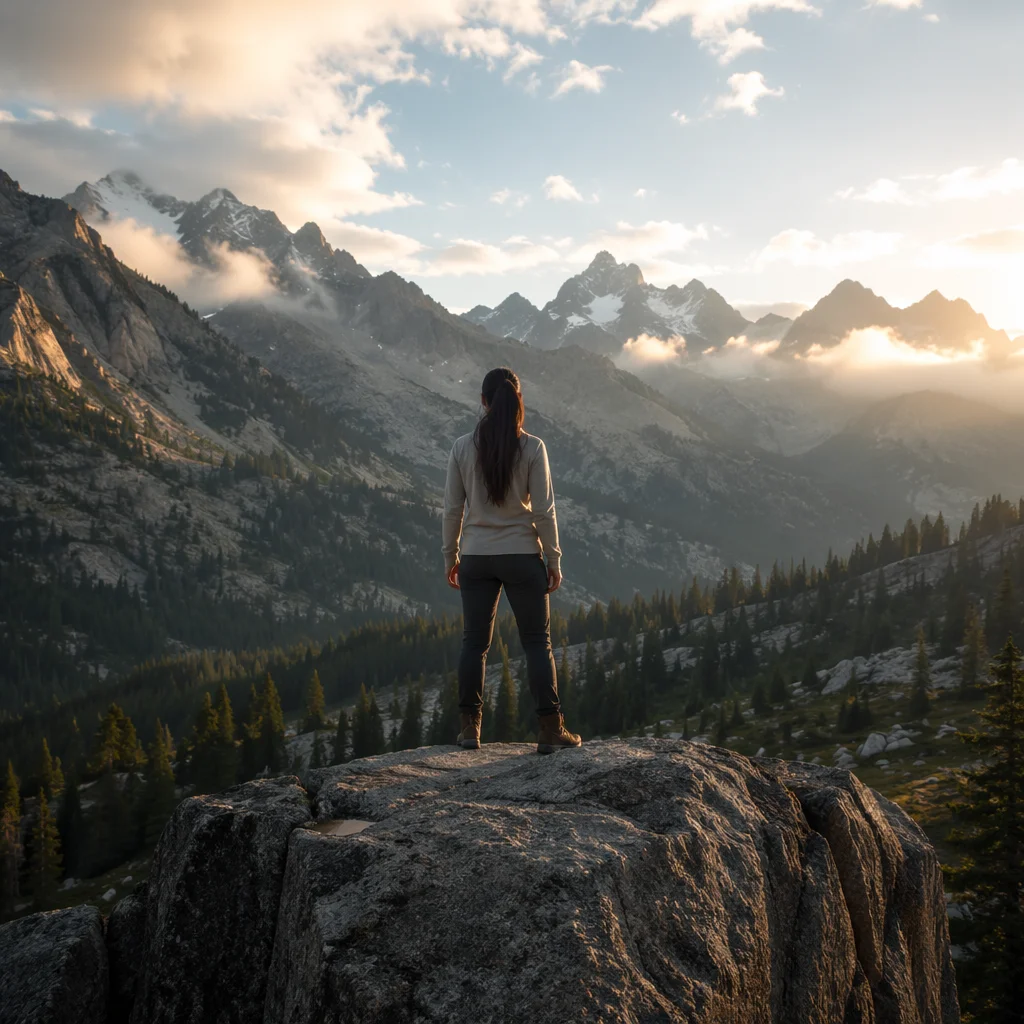 Lone Hiker on Mountain Rock Ledge