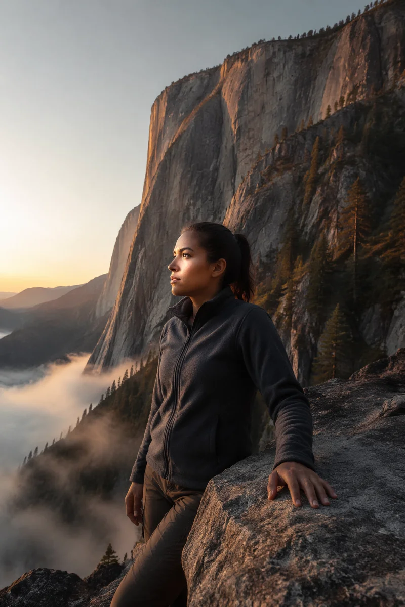 Solitary Hiker on Rock at Sunrise
