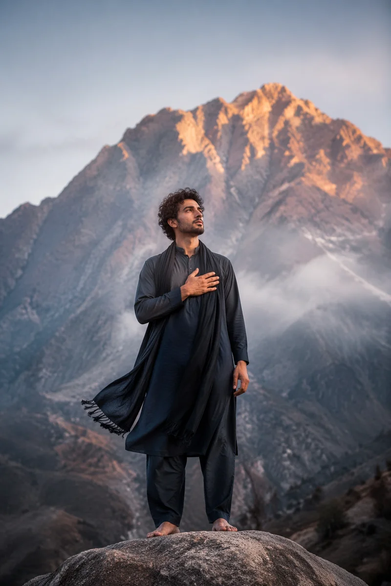 Young Man on Mountain Rock Ledge