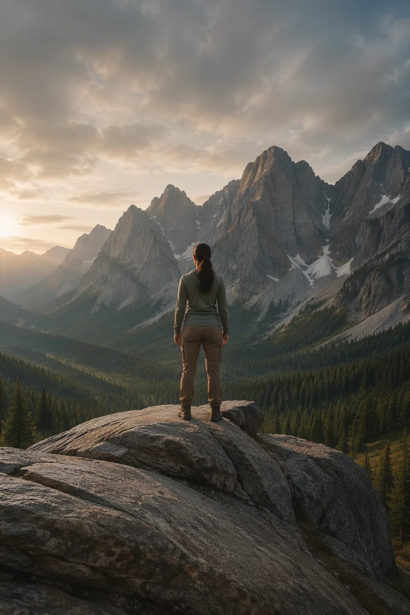 Lone Hiker on Mountain Rock Ledge