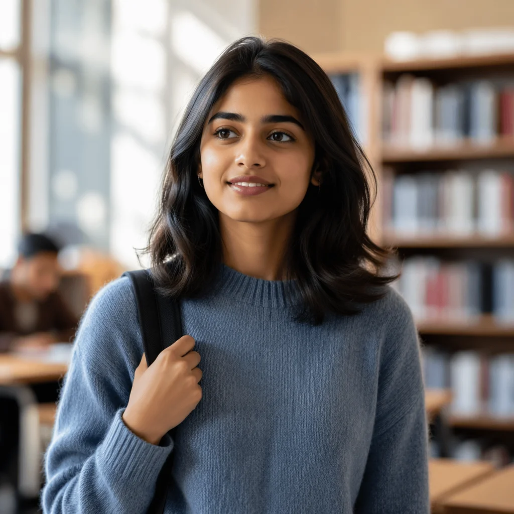 Enthusiastic University Student in Library Portrait