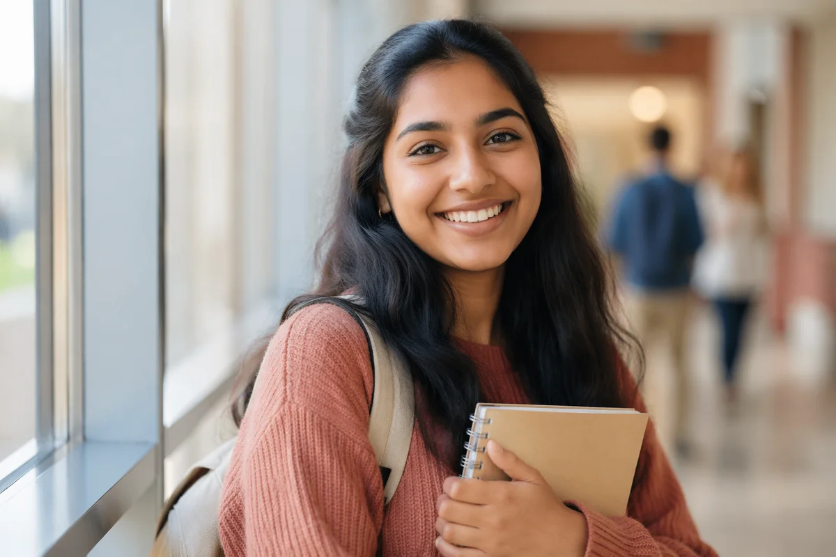 Smiling University Student by Classroom Window