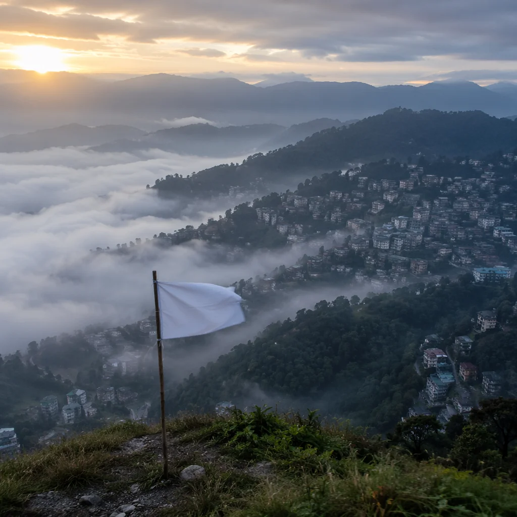 White Flag Surrender at Misty Sunrise