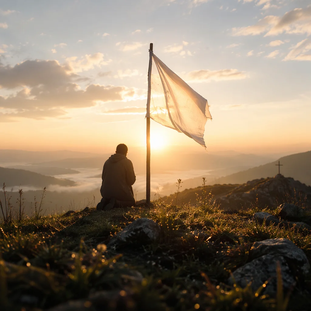 White Surrender Flag at Sunrise Hilltop