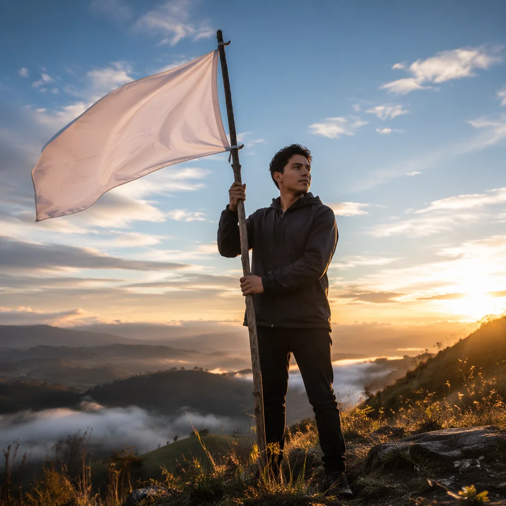 Man Holding White Flag at Sunrise