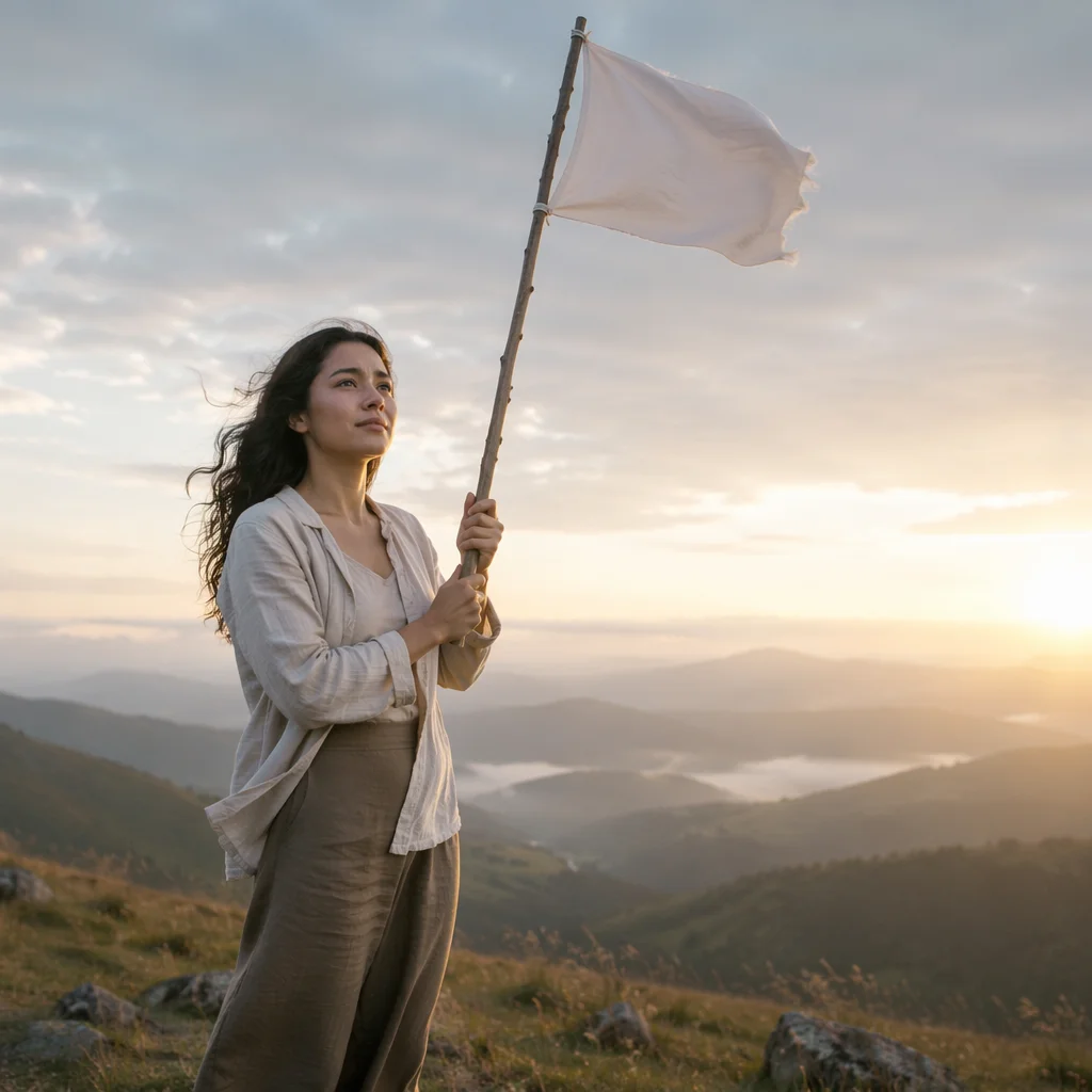 Woman Raising White Cloth at Sunrise