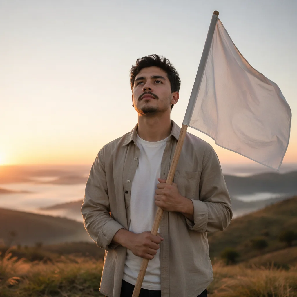 Man Holding White Flag at Sunrise