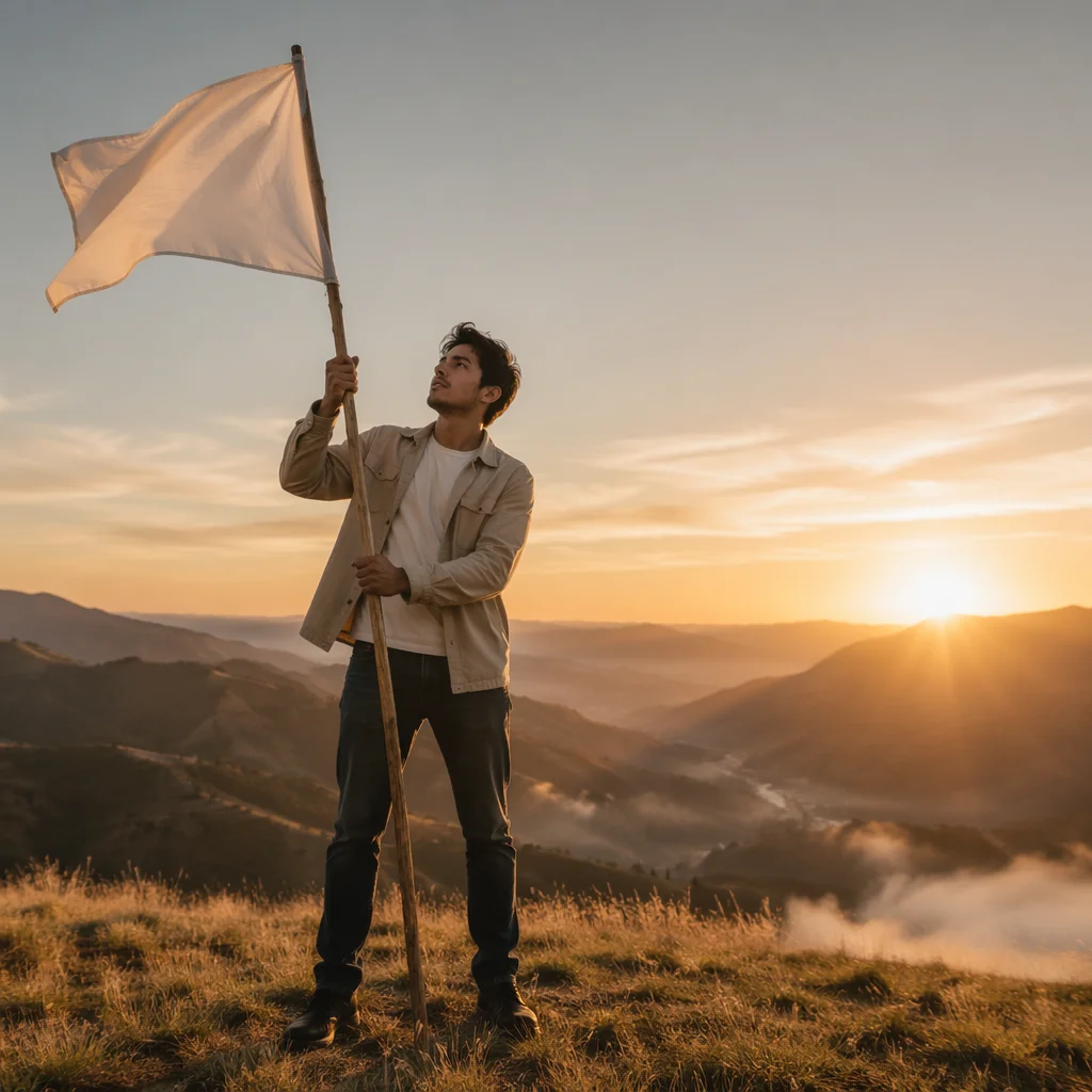 Man Raising White Flag at Sunrise