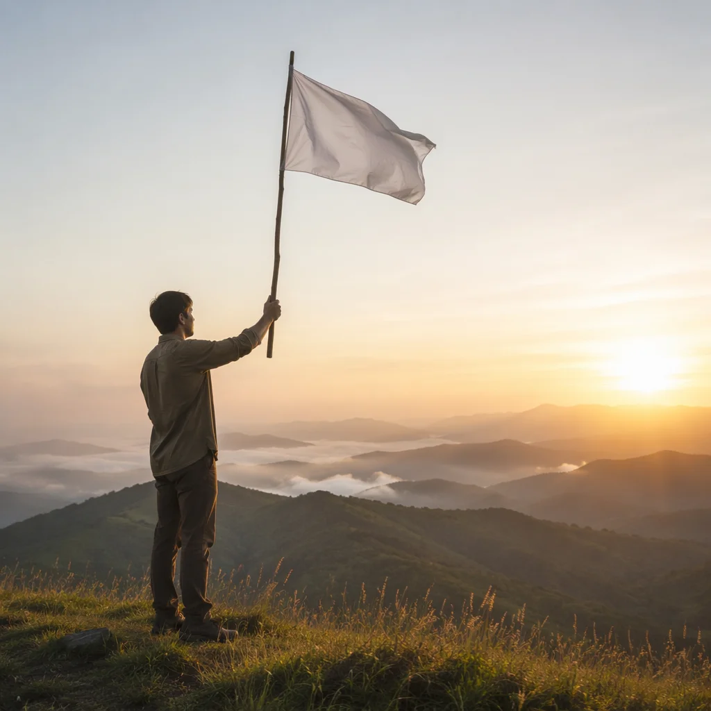 Person Raising White Flag at Sunrise