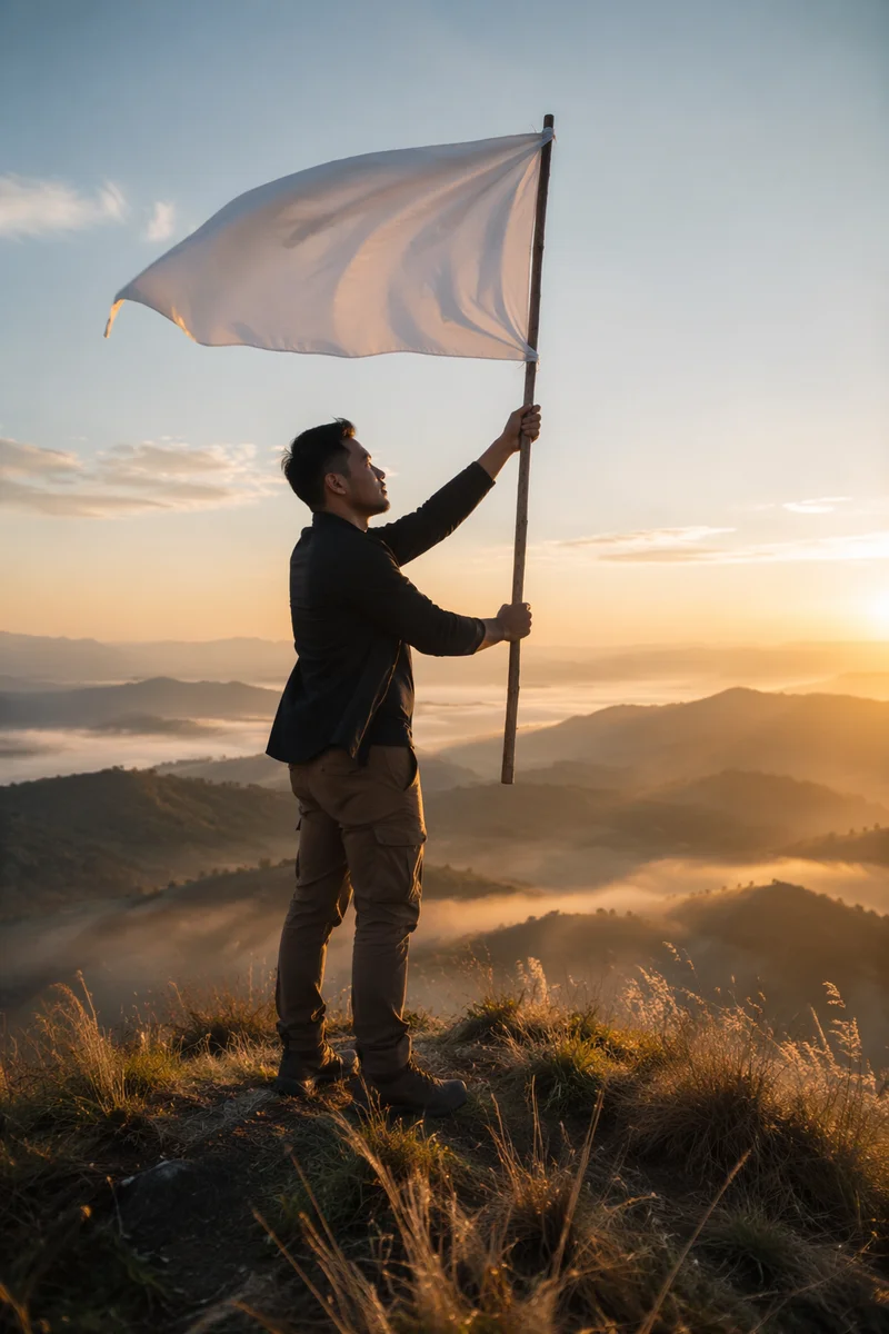 Man Raising White Flag at Sunrise