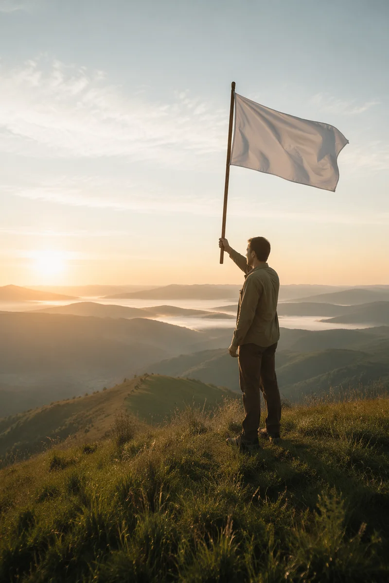Person Raising White Flag at Sunrise