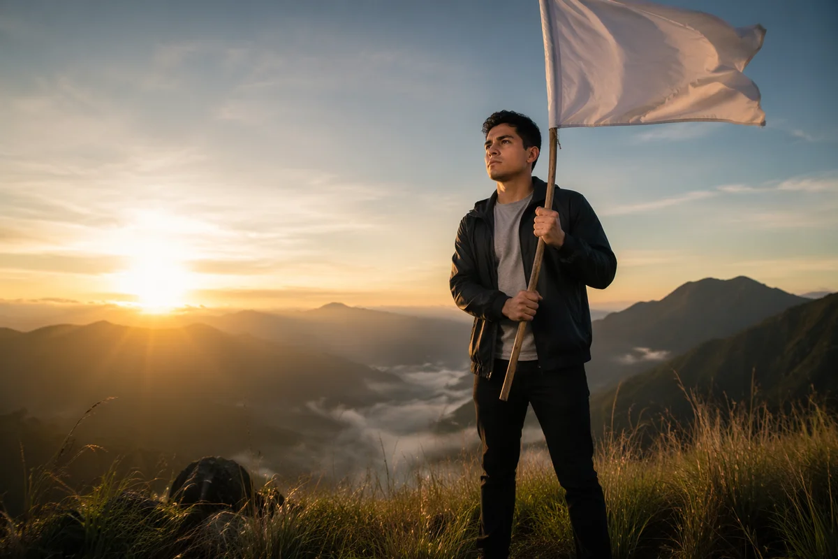 Man Holding White Flag at Sunrise