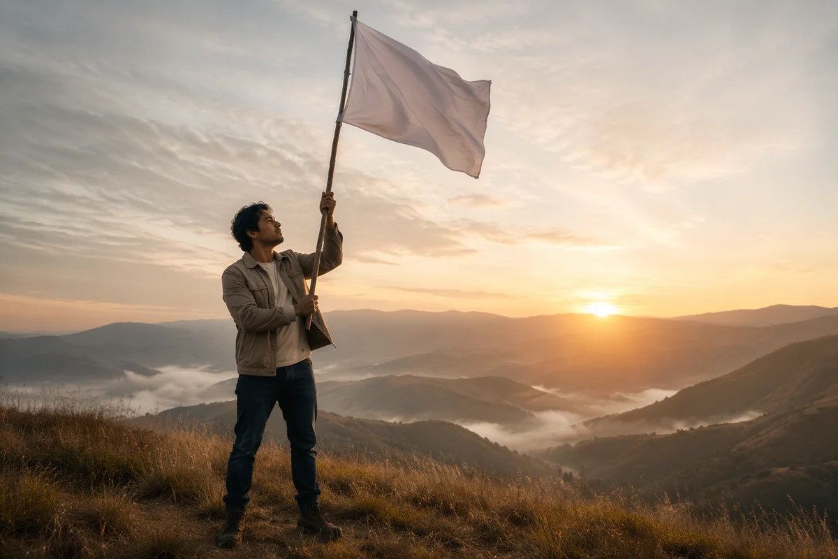 Man Raising White Flag at Sunrise