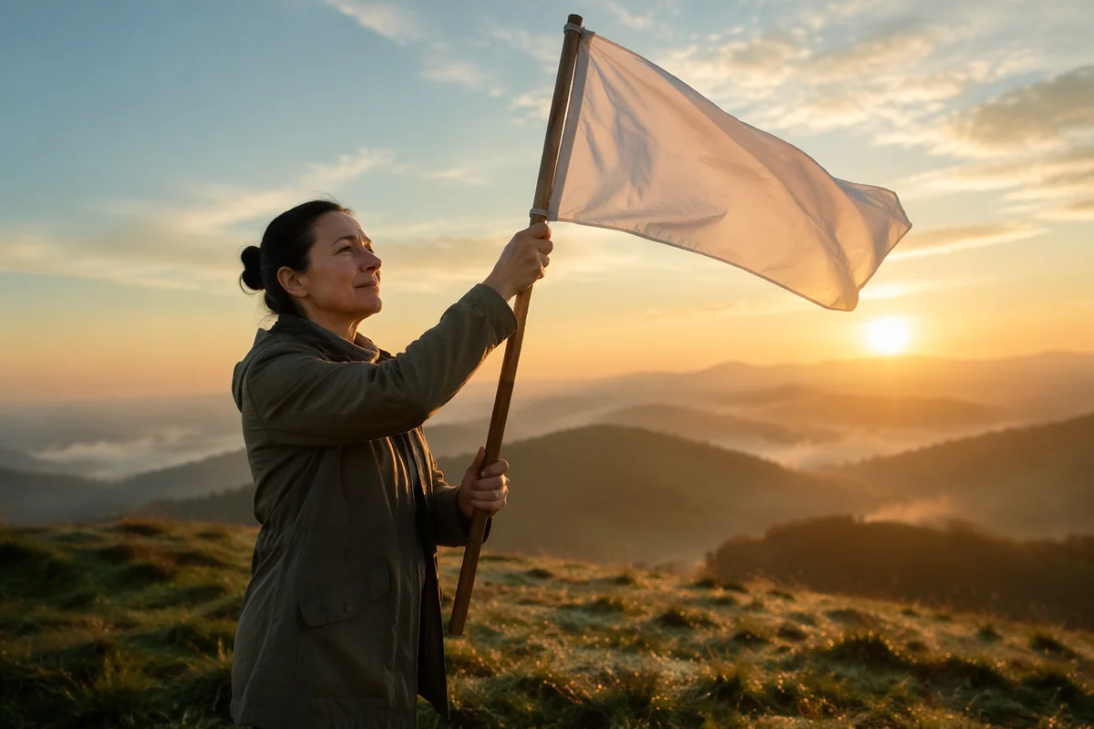 Person Raising White Flag at Sunrise