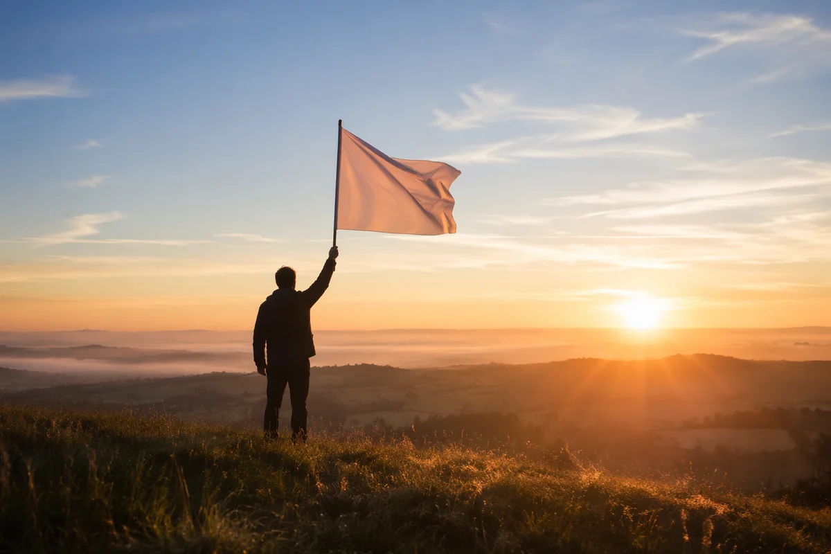 White Surrender Flag at Sunrise Hilltop