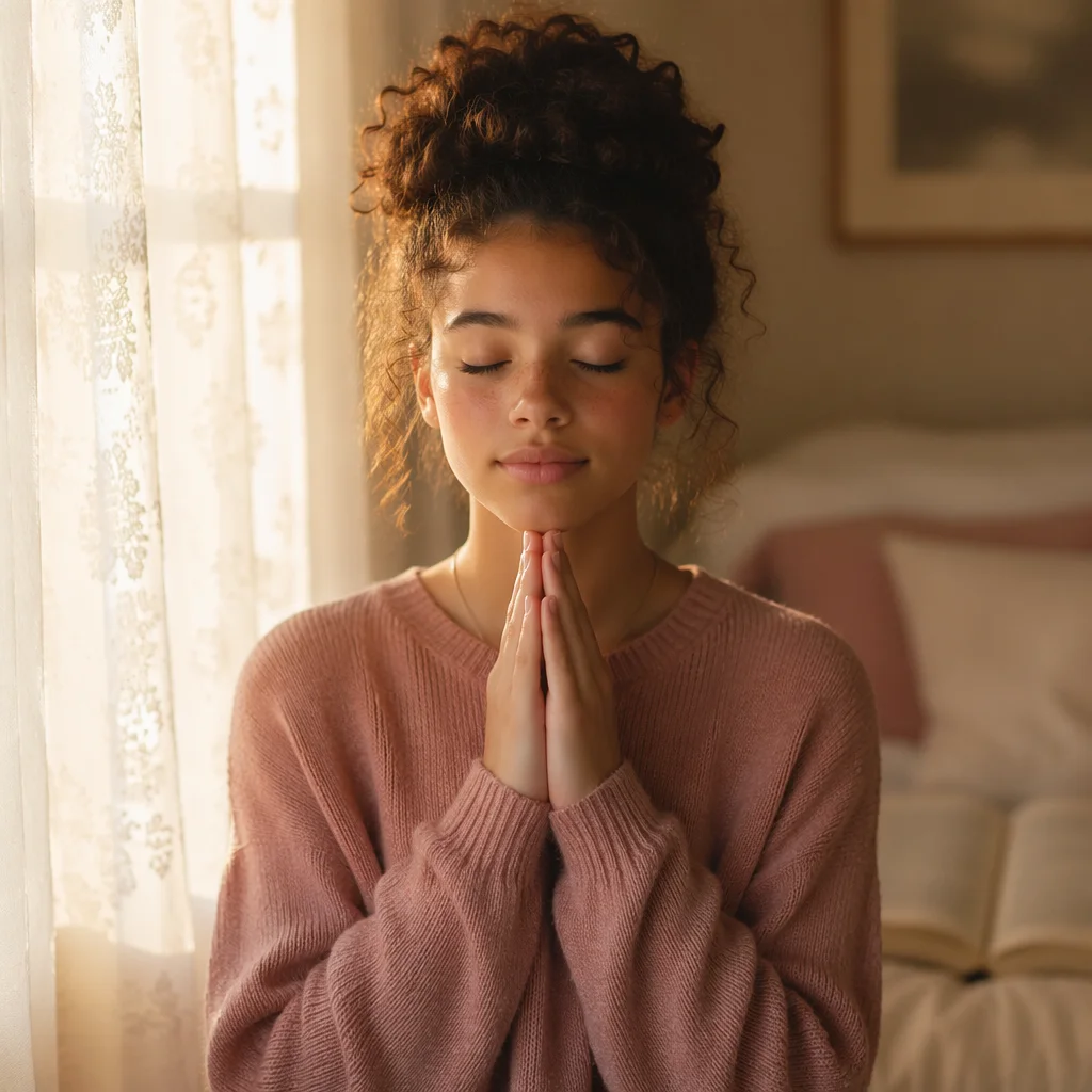 Teen Girl Praying by Bedroom Window