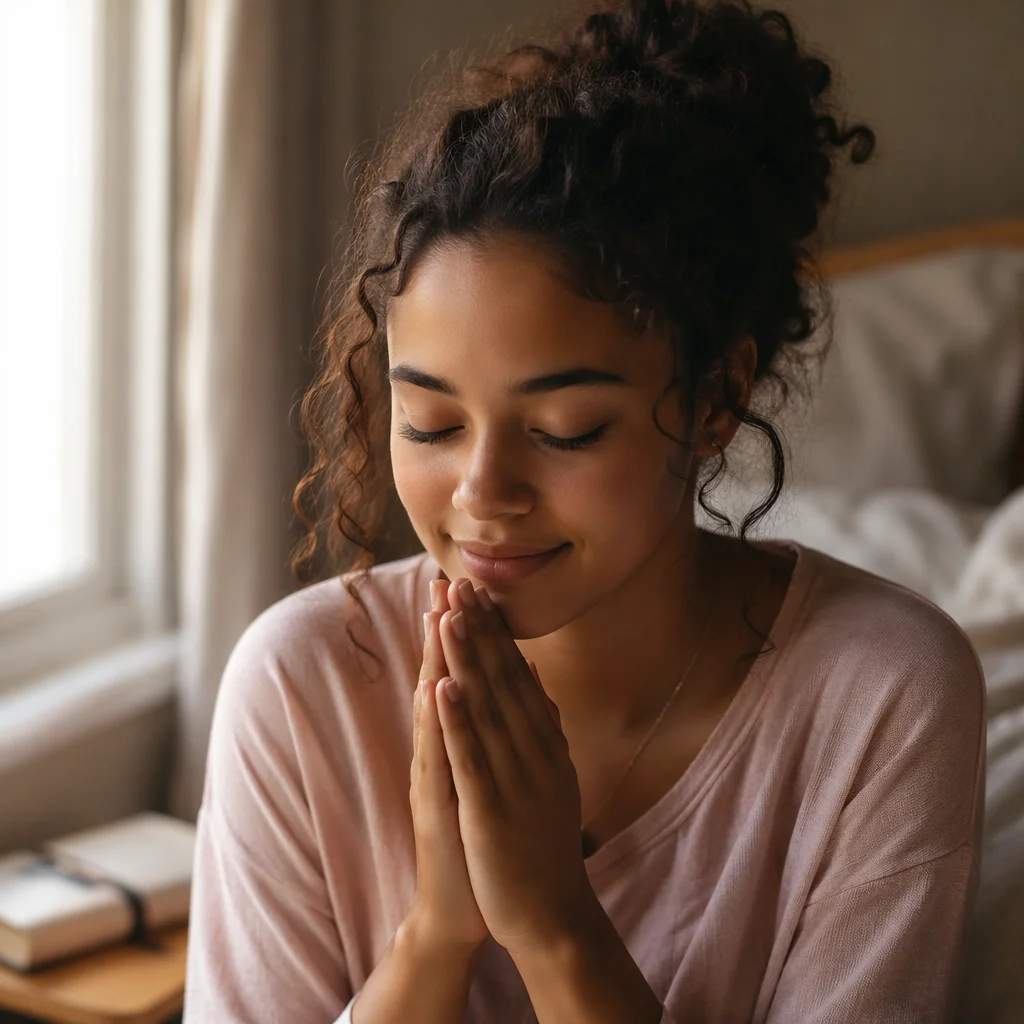 Teen Girl Praying by Bedroom Window