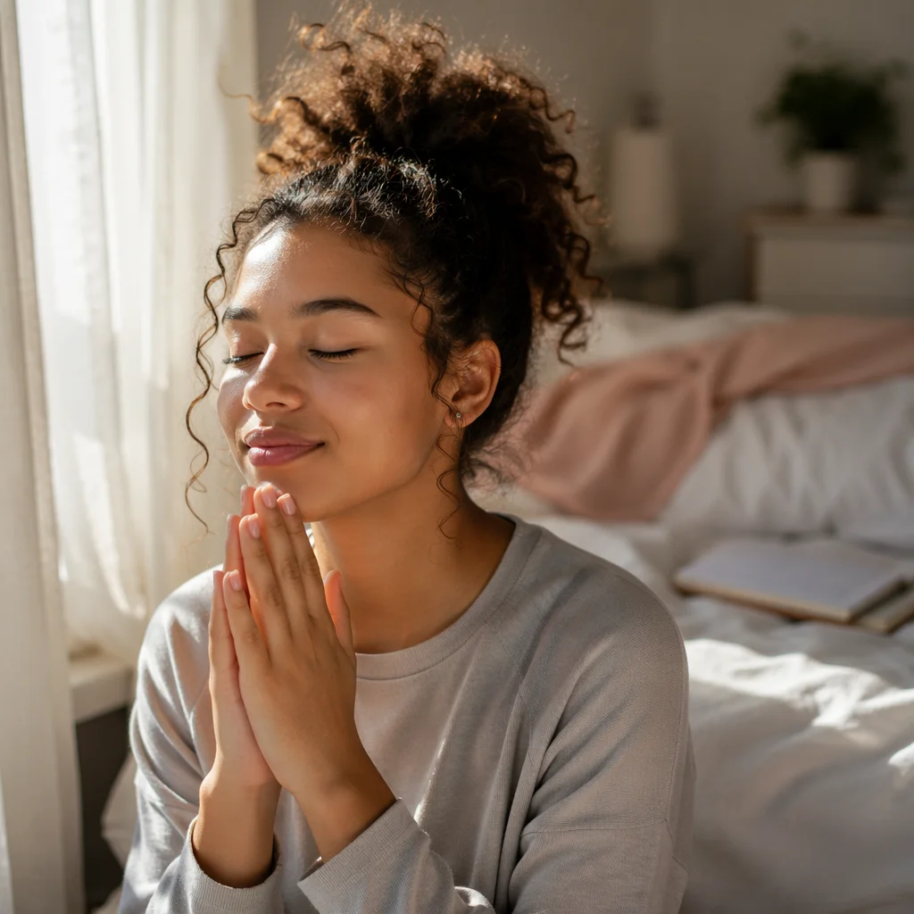 Thankful Teenage Girl Praying by Window
