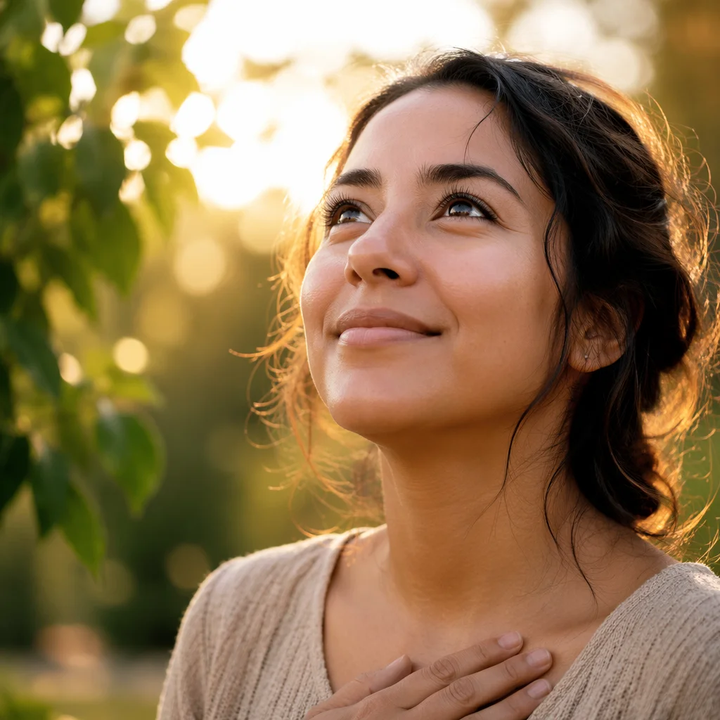 Young Woman Looking Up in Sunlight