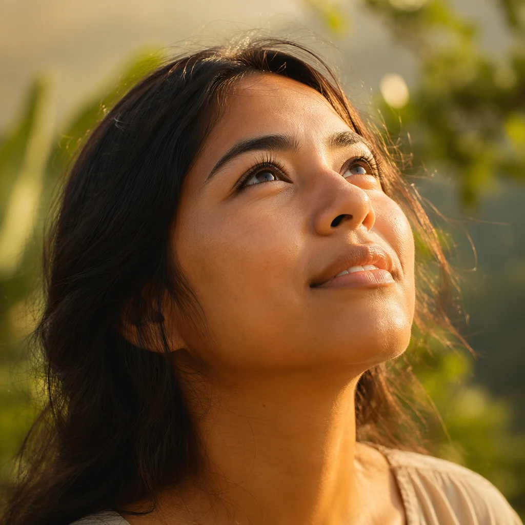 Young Woman Looking Up in Sunlight