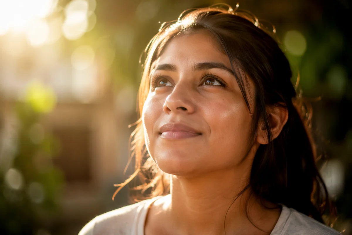 Young Woman Looking Up in Sunlight