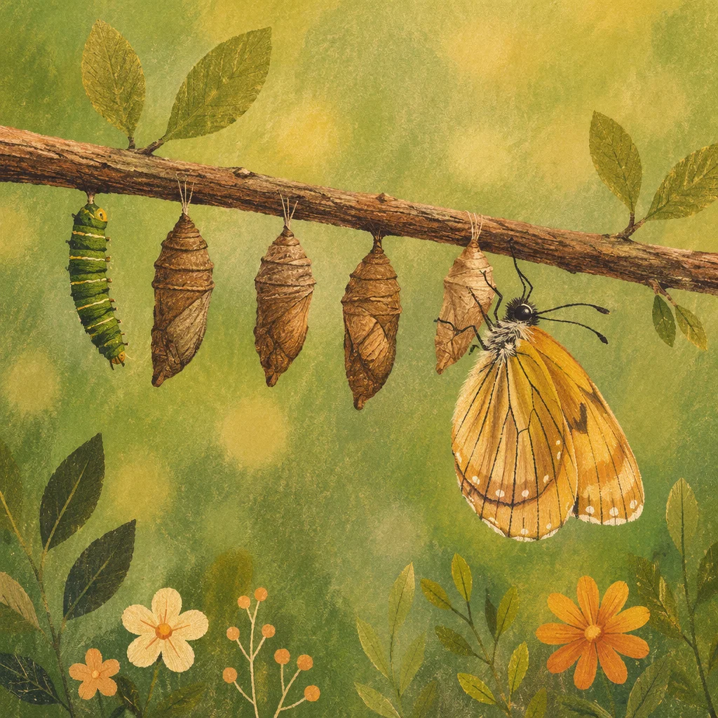 Golden Butterfly Metamorphosis on Spring Branch